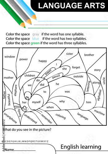 Language arts. English learning. Bunny. Rabbit. Task coloring the space if the word has one, two, three syllables. Worksheet at school, home. Hand drawn sketch. vector illustration