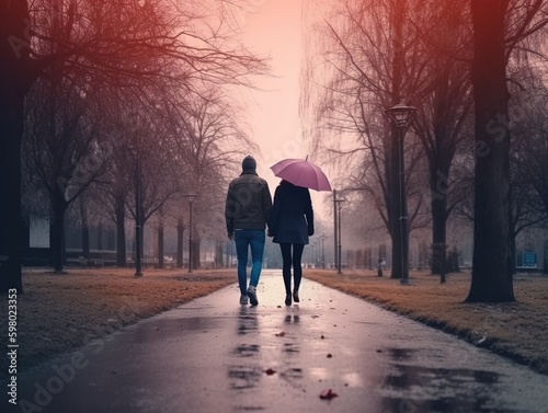 couple is walking through a park and autumn, in the style of moody tonalism