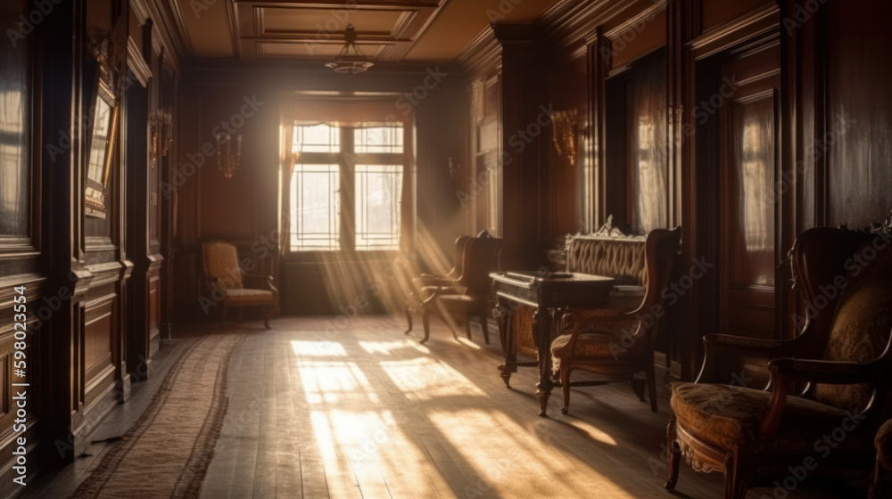 Early morning with gold sunsihne inside titanic interior, generative ai