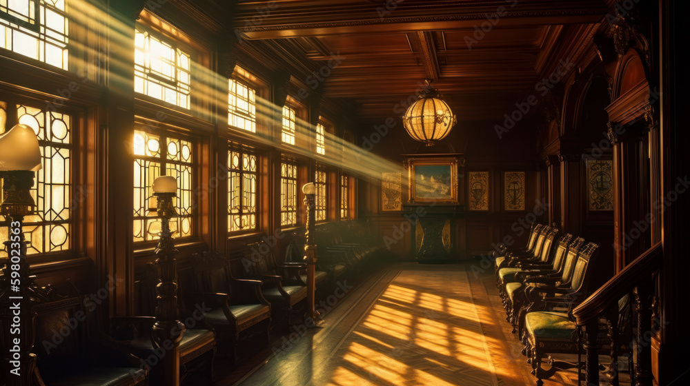 Early morning with gold sunsihne inside titanic interior, generative ai