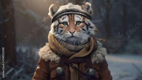 Tiny cute and adorable tiger with coat in winter  generative ai