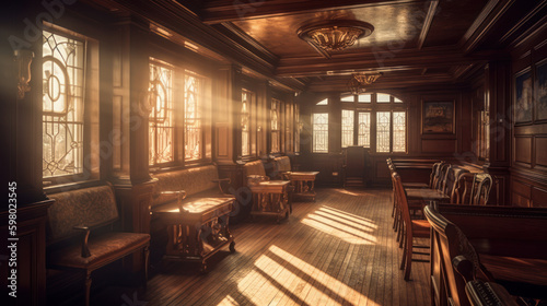 Early morning with gold sunsihne inside titanic interior  generative ai