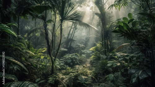 Humid tropical jungle with sun and fog around  generative ai