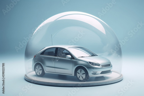 A car protected under a glass dome bubble. Car insurance concept. Generative ai Generative AI