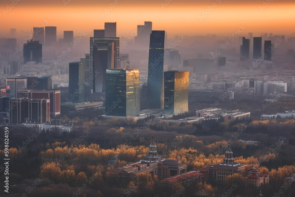 Obraz premium Beijing skyscrapers on sunset. Chinas Beijing City, aerial view. Central Business District of Beijing. Modern financial district skyline on sunset. Skyscrapers in dusk. Ai generative illustration.