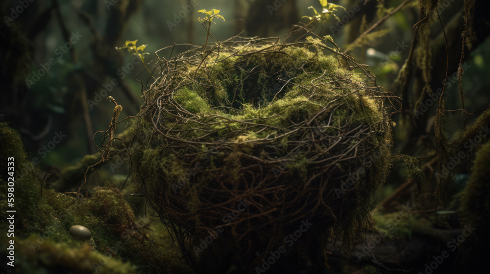 Nest created from moss hanging on tree in forest, generative ai Nest created from moss hanging on tree in forest, generative ai
