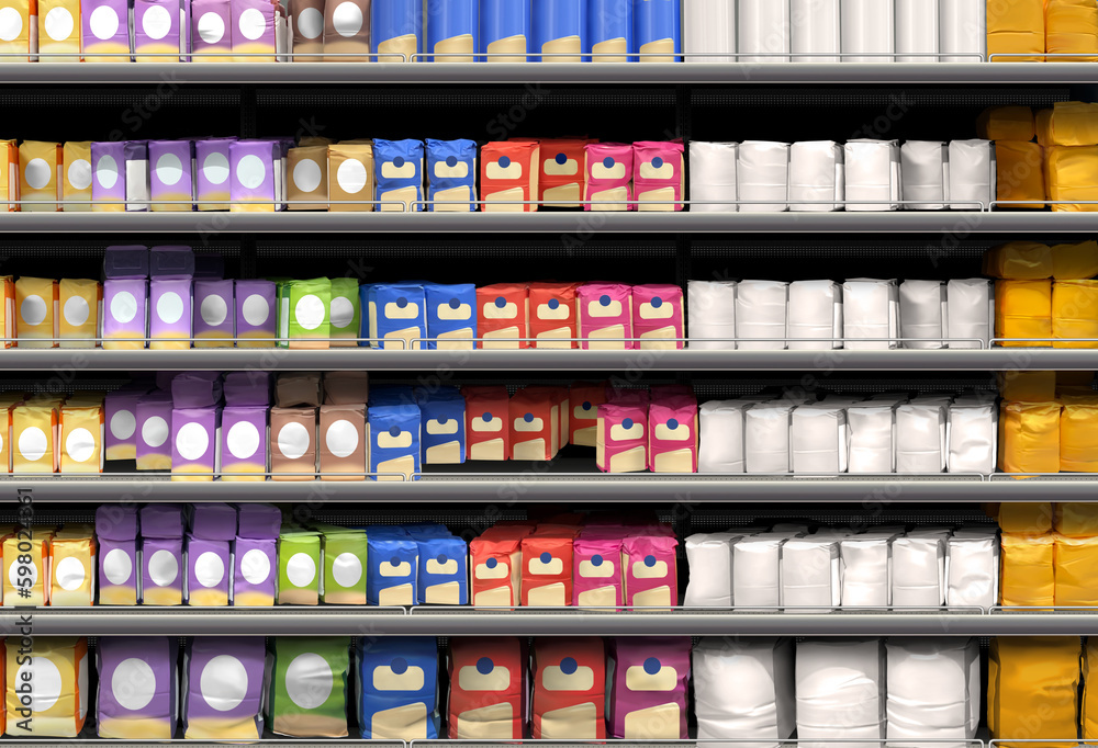 Flour on shelf at supermarket mockup and illustration, suitable for presenting packagings and new design among many others