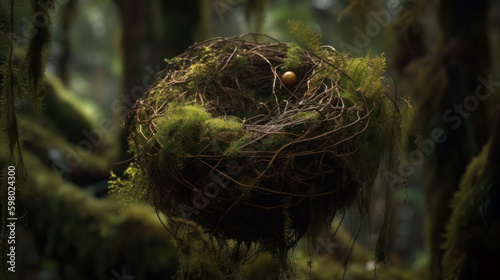 Nest created from moss hanging on tree in forest, generative ai