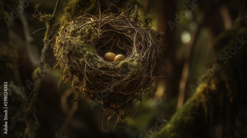 Nest created from moss hanging on tree in forest, generative ai