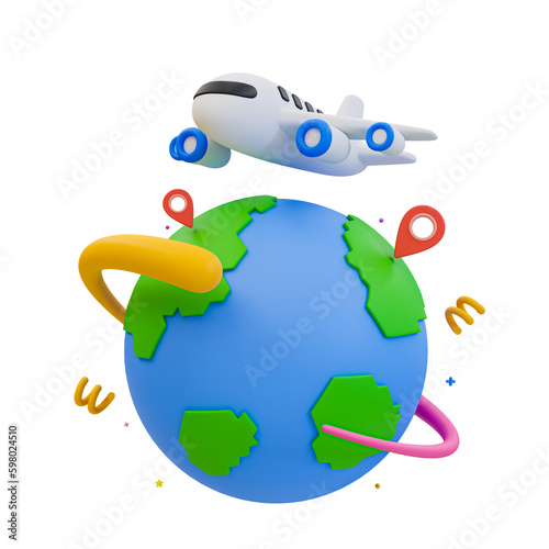 3d minimal holiday travel trip. travel or tourism concept. summer vacation trip. relaxation time concept. globe with airplane. 3d illustration. photo