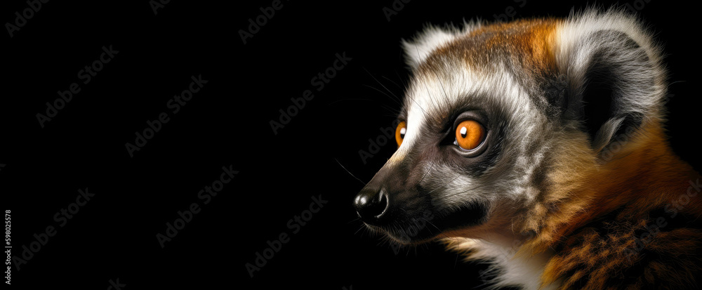 Lemur head, a mammalian animal close-up. The image on the right, the lemur head on the black isolated panoramic background of the banner. Generative AI.