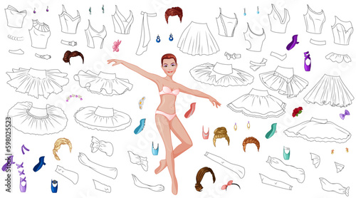 Ballerina Coloring Paper Doll with Tutus, Tops, Hairstyles and Pointes. Vector Illustration