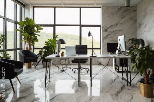 Modern open-plan office with marble flooring, desks, computers, without people. © STYNG