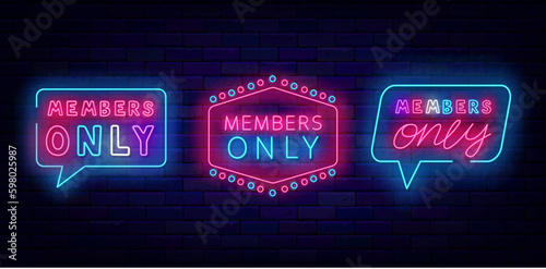 Members only neon labels collection. Premium access. Shiny phrase. Light simple quote. Vector stock illustration