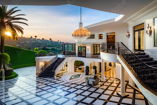 Villa in Beverly Hills, California. Holiday in Los Angeles. Luxyry villa room interior house in Beverly Hills. Modern interior apartment buildings, Facade exterior design. Ai generative illustration.