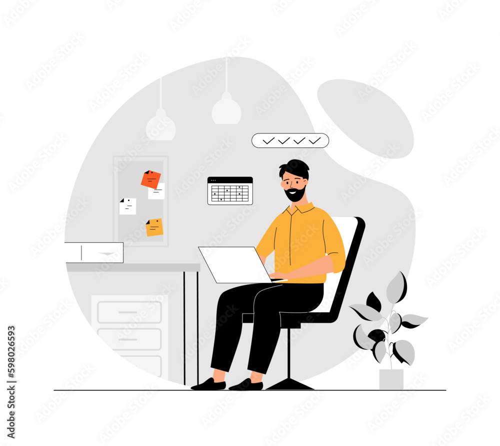 Business management concept. Man planning project tasks, managing schedule, work time. Time management, schedule organization. Illustration with people scene in flat design for website and mobile