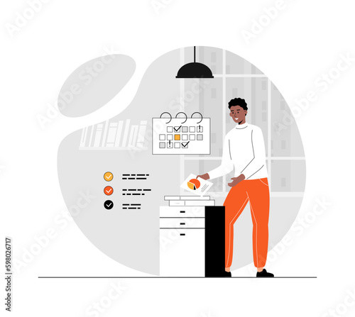 Schedule management. Planning, organizing work tasks, making calendar appointments and to do list. Business and organization concept.  Illustration with people scene in flat design for website 