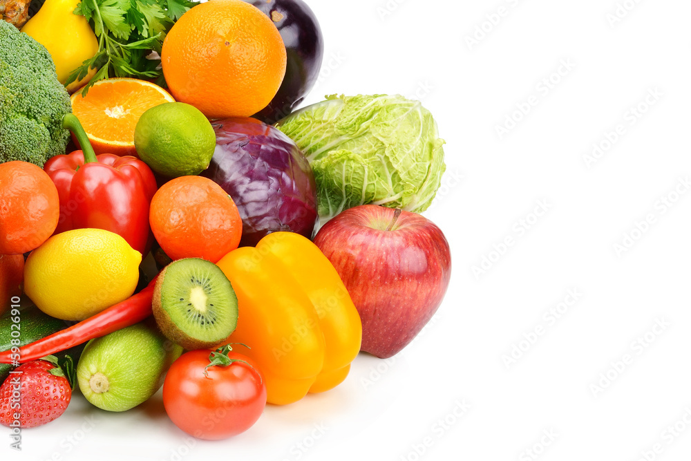 vegetables and fruits isolated on white background. Free space for text.