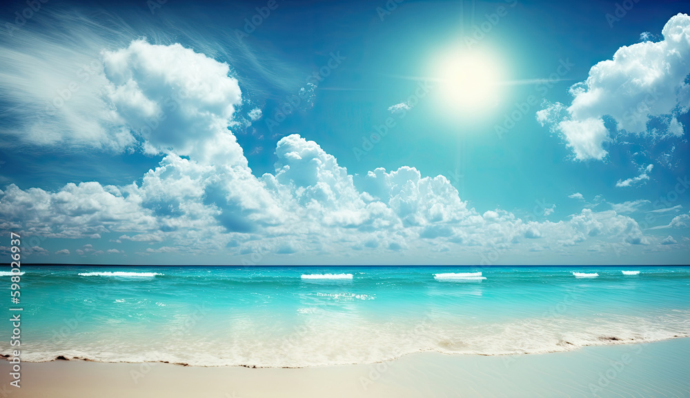 Obraz premium Summer vacation, tropical beach with blue sky and sea for relaxation, panoramic beach background, summer holiday with beautiful nature sand, sunlight, ocean water with Generative AI.