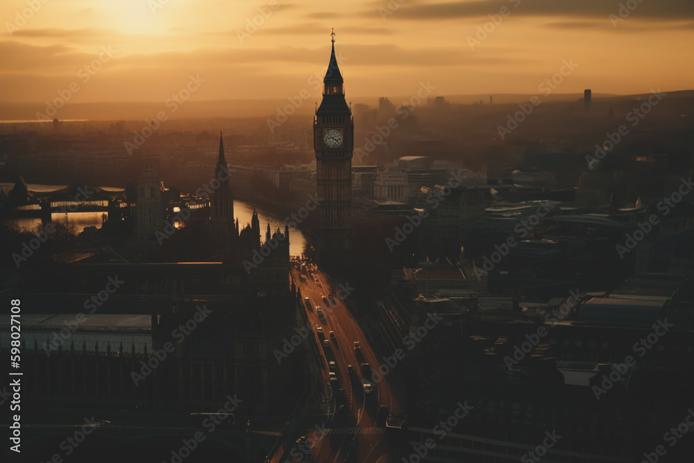 Fototapeta premium Big Ben Clock Tower in London on sunset. Westminster Bridge in London city aerial view. City streets in England, UK, United Kingdom. Big Ben in London, drone view. Ai generative illustration.