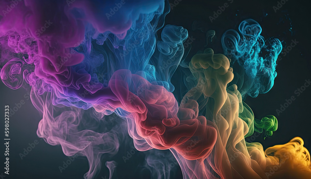 Fototapeta premium Abstract colorful of smoke background, neon light through smoke or fog, lighting in the dark scene, multi colored of cloud, mist, or smog, night backdrop for mock up, with Generative Ai.