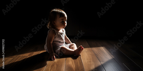 Photographie Kleines Baby sitzt alleine im Fotostudio und blickt süß, ai generativ