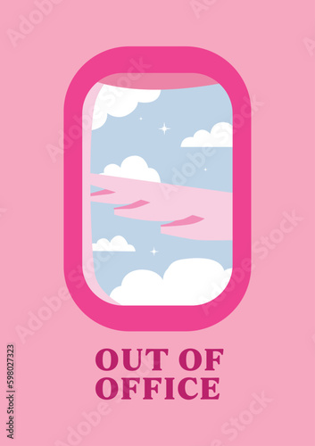 Illuminator porthole window in the cockpit airplane. Wing of flight jet with clouds. Travel poster.