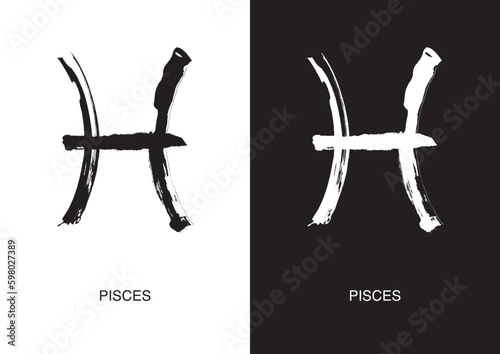 Pisces is the symbol for zodiac signs. Black ink handwriting poster in two color versions. Vector