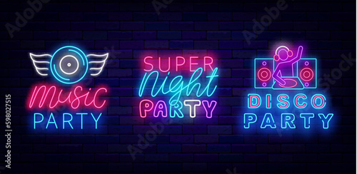 Super night party neon signs set. Dusk performance flyer. Luminous club advertisings. Vector stock illustration
