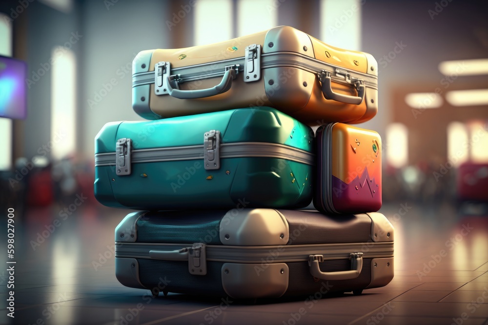 Pile of colorful travel suitcases in airport