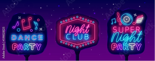 Night club neon street billboards collection. Dance party posters. Dusk performance flyer. Vector stock illustrationv