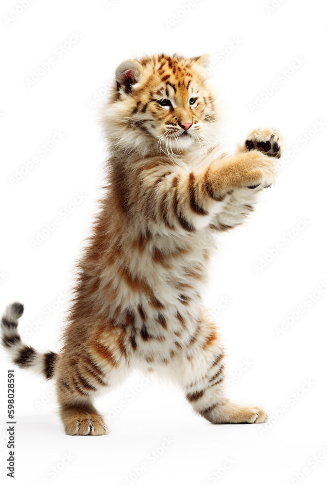 Cute funny tiger cub isolated. Little tiger playing with paws. Ai generative art.