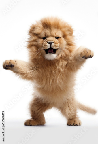 Cute funny lion cub playing isolated. Little lion playing with paws. Ai generative art.