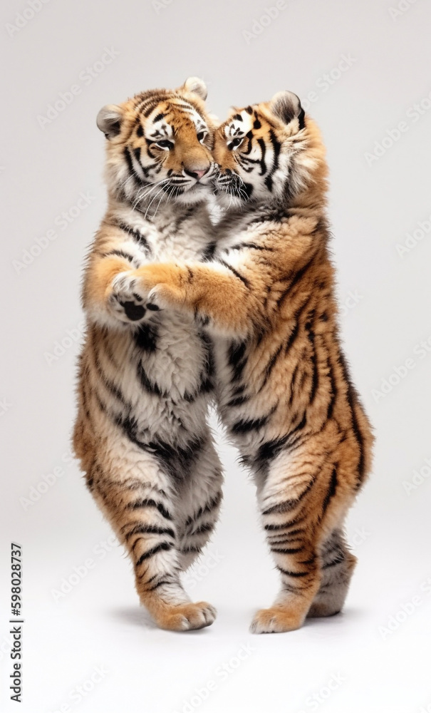 Two cute funny tigers isolated. Tiger dancing together. Ai generative art.