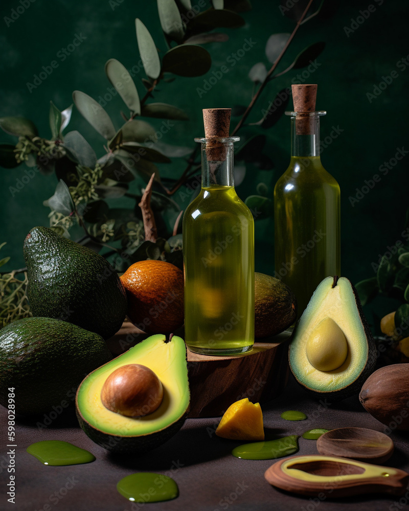 Aesthetic cosmetic photo of avocado oil for hair growth, face and body. Generative AI image Aesthetic cosmetic photo of avocado oil for hair growth, face and body. Generative AI image