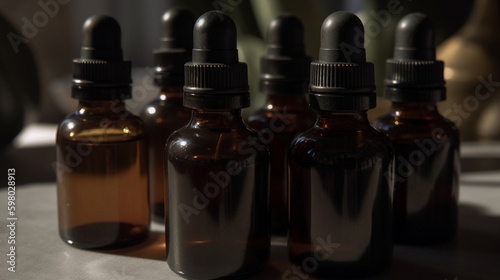 Small glass brown bottles on table for homemade essential oils. Generative AI image