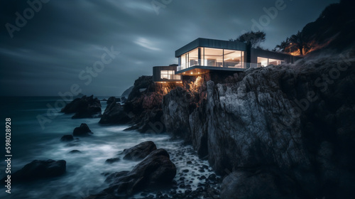 Modern house on the cliff. Generated by a neural network © ALEKSTOCK.COM