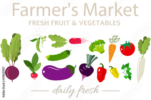  Farmer's market poster. Gray inscription and fresh bright vegetables. Farmers market poster collection. Vector banner templates for local food fair.
