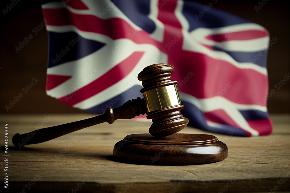 Courtroom with British flag, Supreme Court of United Kingdom. Scales of Themis, Judiciary, Judge. England Justice Judicial Authority. Appellate of House of Lords. Judicial scales in court. Ai generate