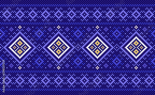 Embroidery ethnic pattern, Vector Geometric ornate background, Cross stitch retro ethnic style, Bule pattern jacquard seamless, Design for textile, fabric, batik, print, aprons