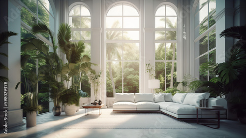 Luxury white living room with huge windows. Generated by a neural network © ALEKSTOCK.COM
