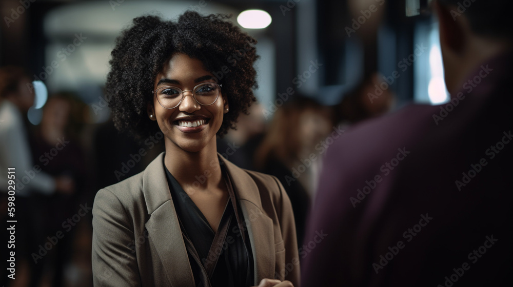 Businesswoman at a networking event conference. Smiling and shaking hands. Generative AI image Businesswoman at a networking event conference. Smiling and shaking hands. Generative AI image