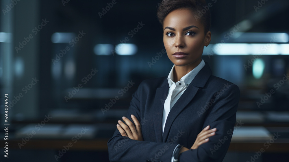 Businesswoman in a modern office setting, standing with her arms crossed. Generative AI image