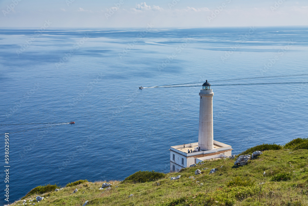 lighthouse of Cape of Otranto in Apulia standing on hard granite rocks is the most easterly point of Italy, marks the meeting of the Ionian Sea and the Adriatic Sea.