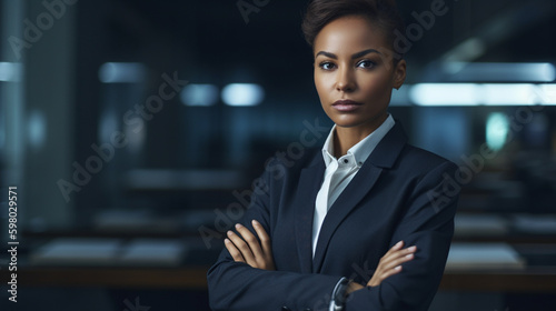 Businesswoman in a modern office setting, standing with her arms crossed. Generative AI image