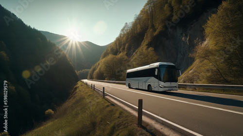 Tourist bus rides along the mountains. Generated by AI