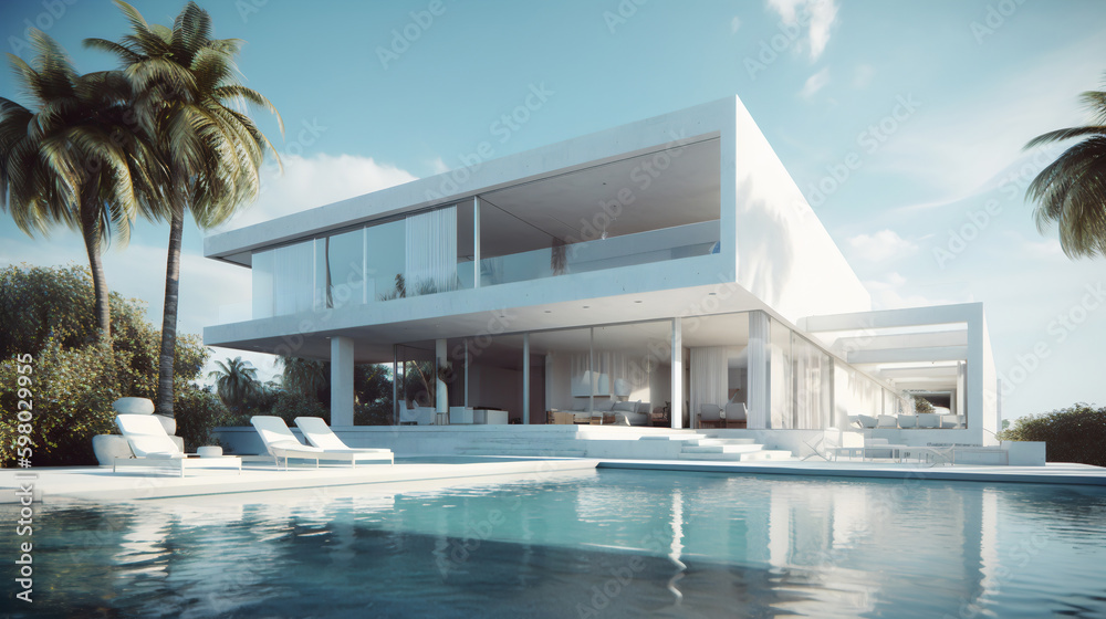 Contemporary luxury white villa exterior. Generated by a neural network