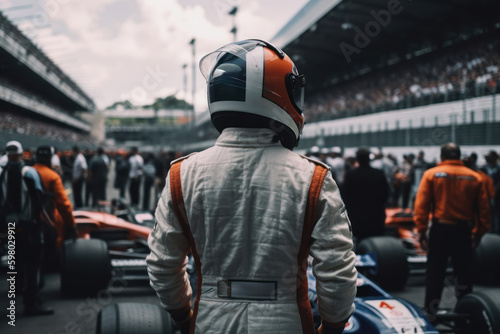 F1 driver standing up at starting line, generative AI © Rawf8