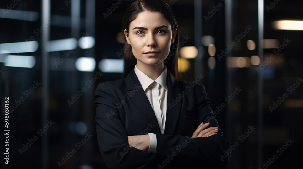Businesswoman in a modern office setting, standing with her arms crossed. Generative AI image Businesswoman in a modern office setting, standing with her arms crossed. Generative AI image