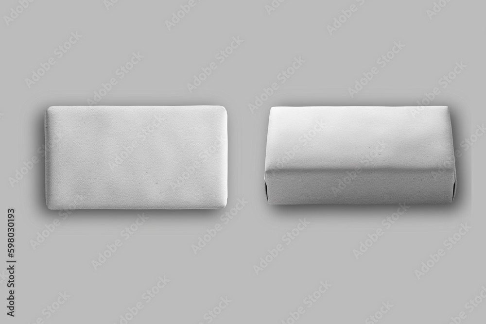 Top view of blank wrapped rectangular soap mockup isolated on background. 3d rendering. Top view of blank wrapped rectangular soap mockup isolated on background. 3d rendering.